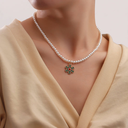 Jewelry Fashion Pearl Chain Drip Oil Snowflake Bell Christmas Tree Accessories Necklace Female Christmas Sweater Chain