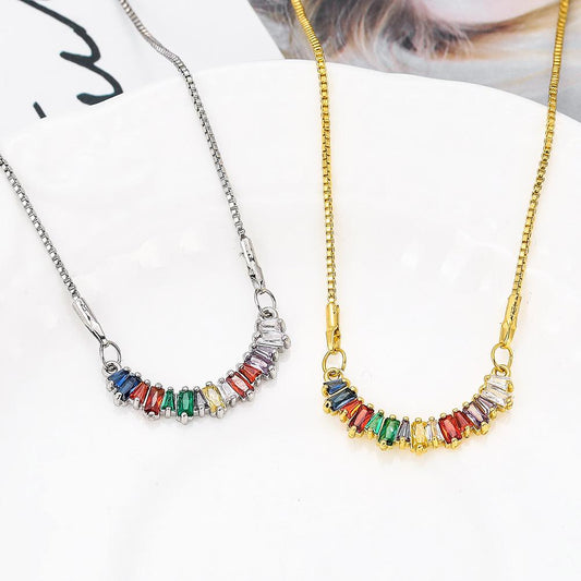 Colorful zircon curved small pendant seven-color rainbow copper micro-set clavicle chain necklace
