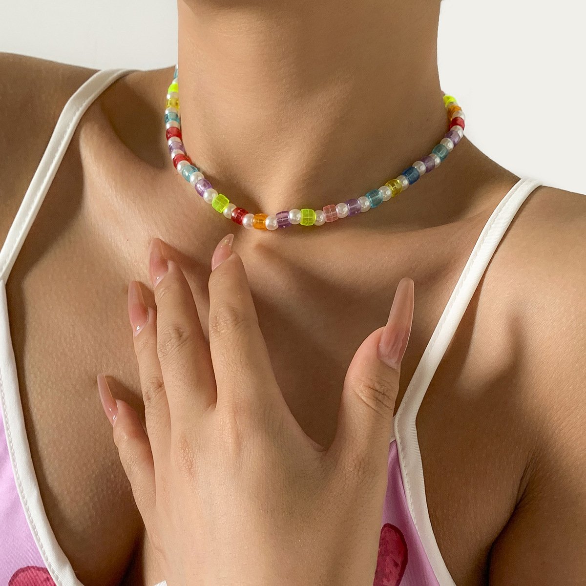 Jewelry Sweet Cool Colorful Transparent Bead Necklace Feminine Simple Imitation Pearl Beaded Necklace