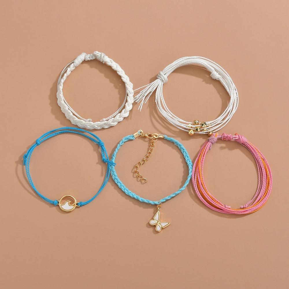 Summer Color Wax Thread Braided Bracelet Wave Butterfly Pendant Bracelet Friendship Bracelet Set