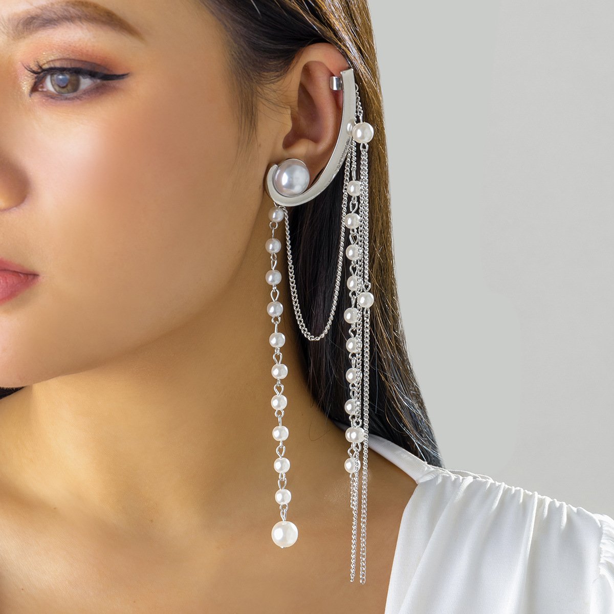 Jewelry temperament personality pearl chain tassel earrings personality geometric metal ear bone clip earrings