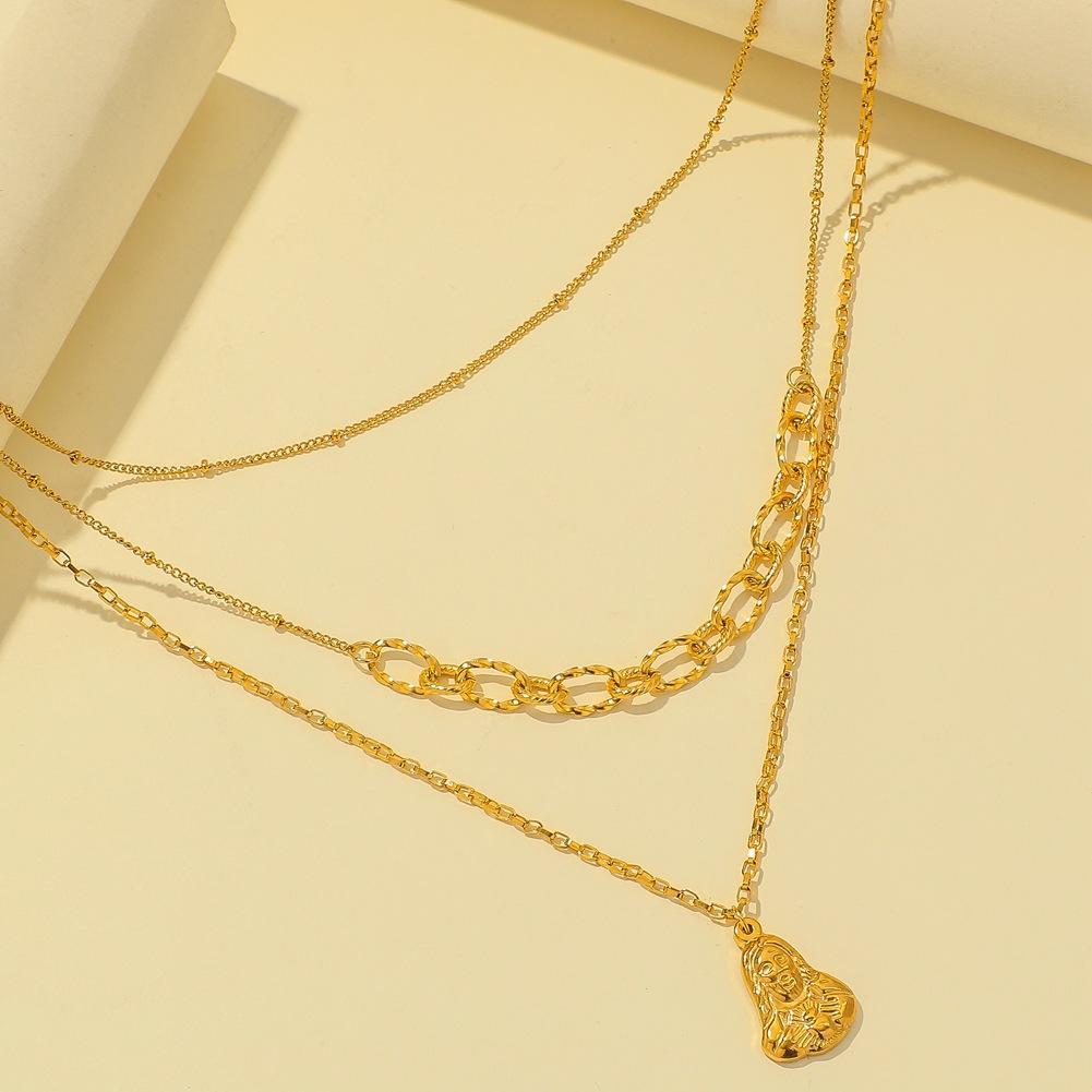 ins personalized fashion stainless steel three-layer stacked necklace portrait pendant light luxury niche clavicle chain accessories