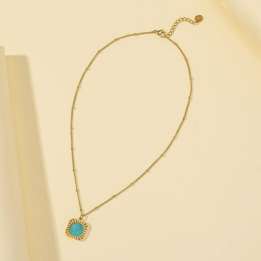 Stainless steel color-preserving turquoise compass square pendant personality niche geometric titanium steel necklace women