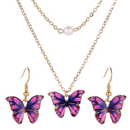 Set Butterfly Necklace Colorful Double Layer Pearl Butterfly Pendant Feminine Elegant Butterfly Earrings