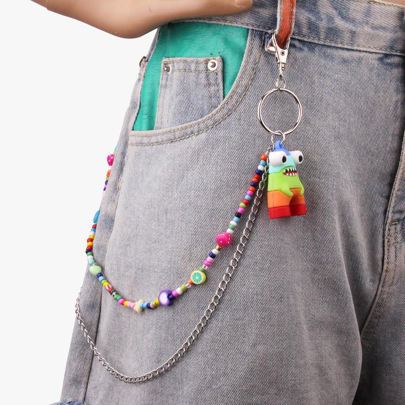 Double-layer pants chain rice bead chain trend rainbow monster pendant fashion street shooting color body chain