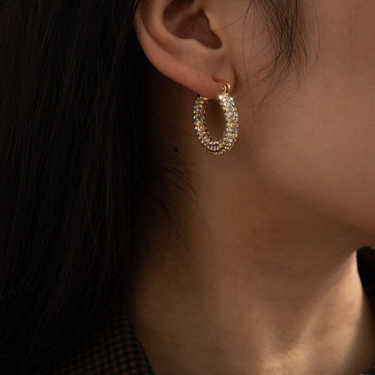 Jewelry fashion light luxury C-shaped full-diamond set earrings temperament all-match inlaid colored diamond geometric earrings