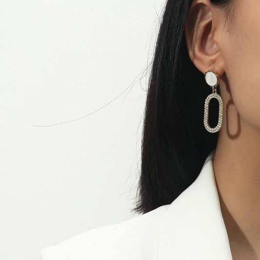 Dongdaemun Temperament Long Geometric Earrings Fashion Hollow Oval Full Diamond Exaggerated Earrings Female Jewelry