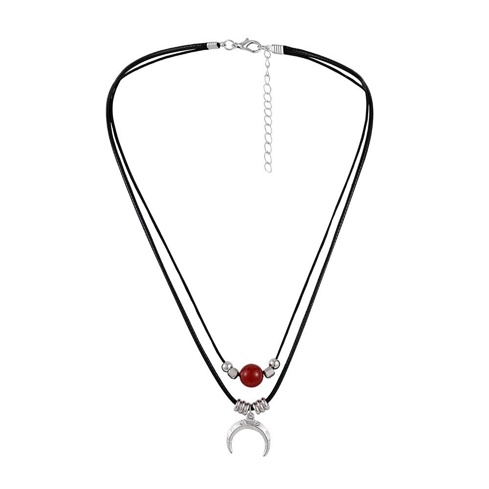 Trendy fashion independent design men's simple double layer red agate stainless steel moon wax rope necklace