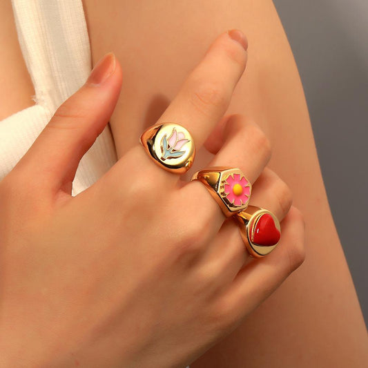 Ins creative geometric sweet flower ring retro multi-color love ring fashion index finger ring accessories female