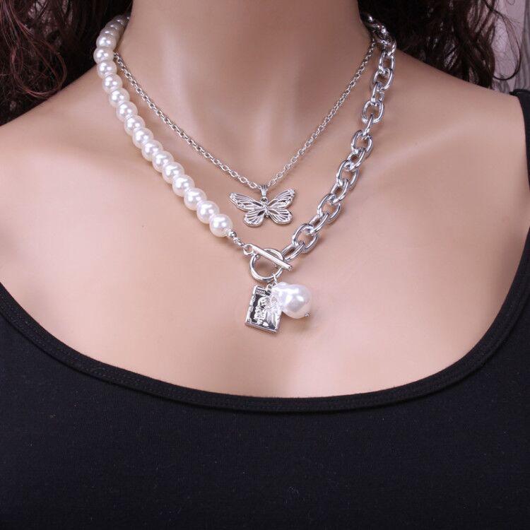 Baroque Pearl Jewelry Metal Butterfly Set Chain Retro Simple OT Buckle Necklace Multilayer Sweater Chain Necklace Female