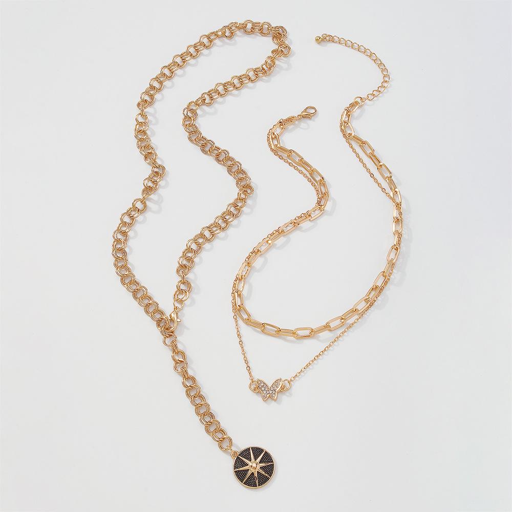 N8872 Baroque retro multi-layer necklace women's full diamond butterfly octagonal punk chain exaggerated pendant necklace