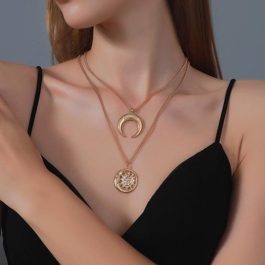 Retro Double Necklace Punk Personality Sun Moon Necklace Women's Multilayer Metal Clavicle Chain