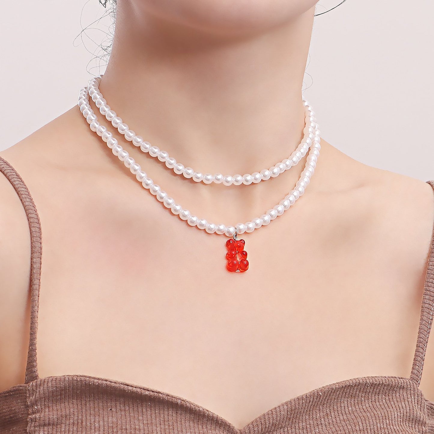 Jewelry ins double baroque imitation pearl color bear pendant necklace female choker