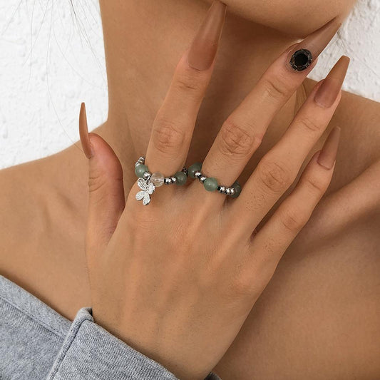 R667 Jewelry Simple Beaded Temperament Fashion Ring Female Alloy Flower Sweet Elastic Ring