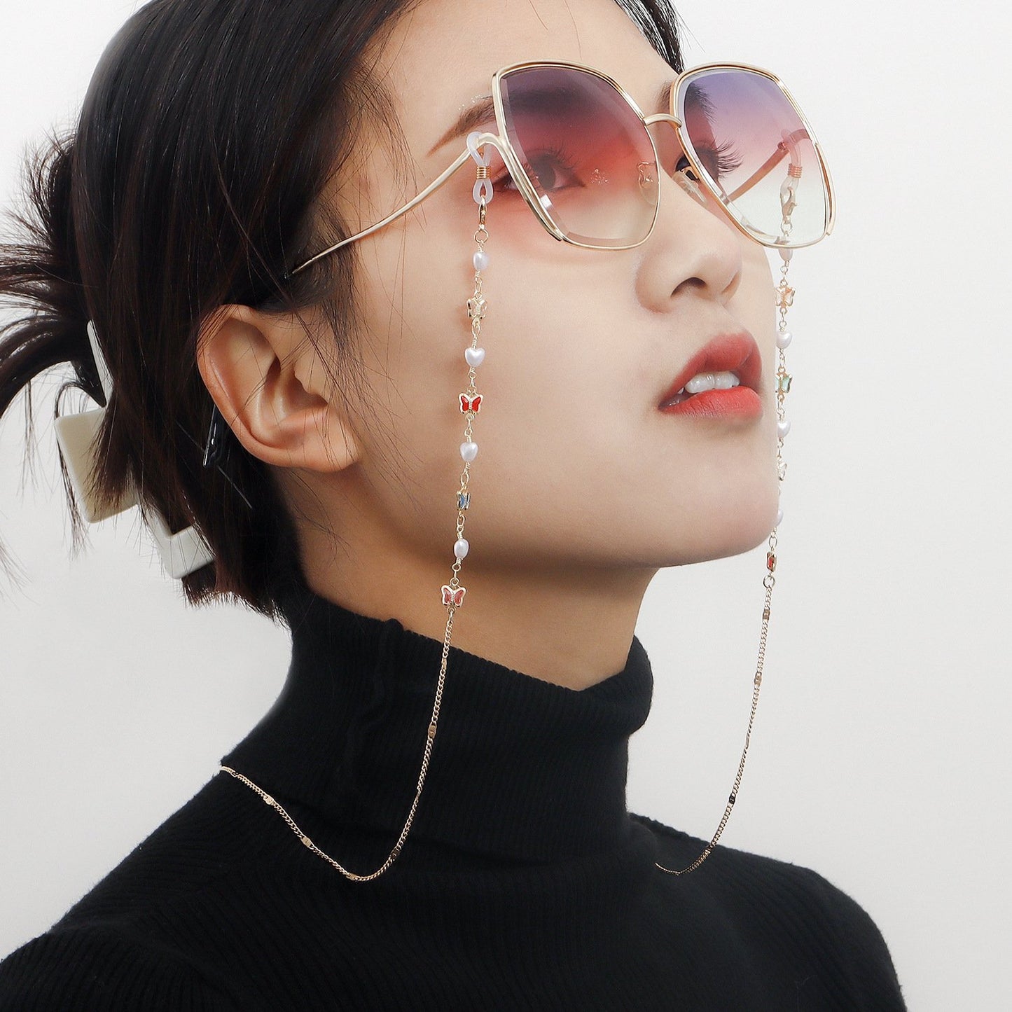 Metal mask anti-lost rope ins mini color butterfly high-end sense glasses chain hanging chain mask hanging rope face chain female