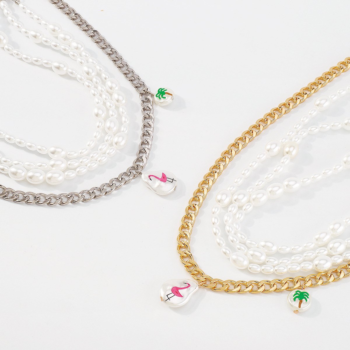 N1516 Exaggerated Pearl Print Necklace Coconut Tree Flamingo Holiday Casual Chain Stacking Necklace