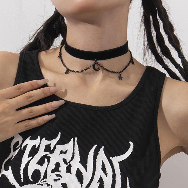 Jewelry Personality Halloween Black Collar Necklace Sweet Cool Star Moon Pendant Tassel Necklace Female