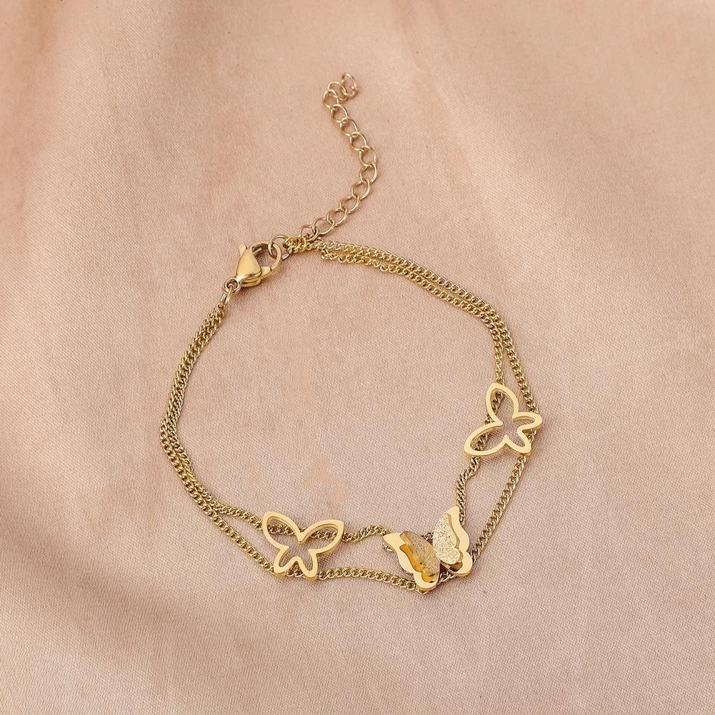 Stainless steel gold double-layer butterfly hollow bracelet anklet niche light luxury design sense of simple hand jewelry