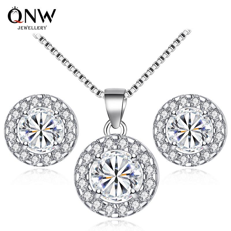 Classic Noble Fashion Jewelry Temperament Necklace Earrings Two-piece Set Round Zircon Set Earrings Necklace