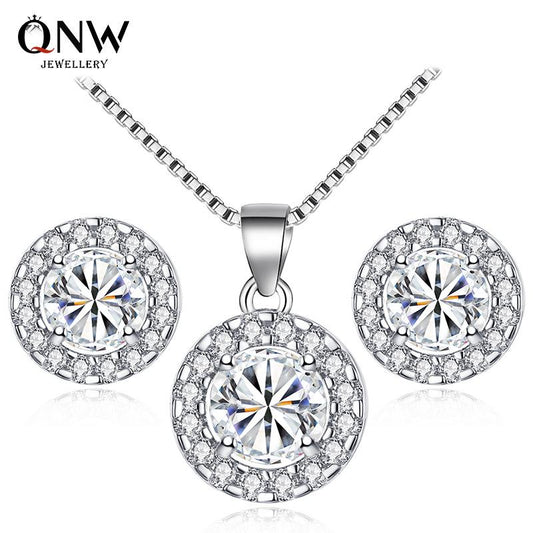 Classic Noble Fashion Jewelry Temperament Necklace Earrings Two-piece Set Round Zircon Set Earrings Necklace
