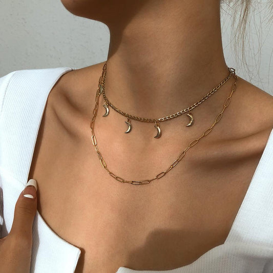 N9412 Jewelry Niche Simple Double Layer Necklace Metal Texture Sweet Crescent Pendant Necklace Women