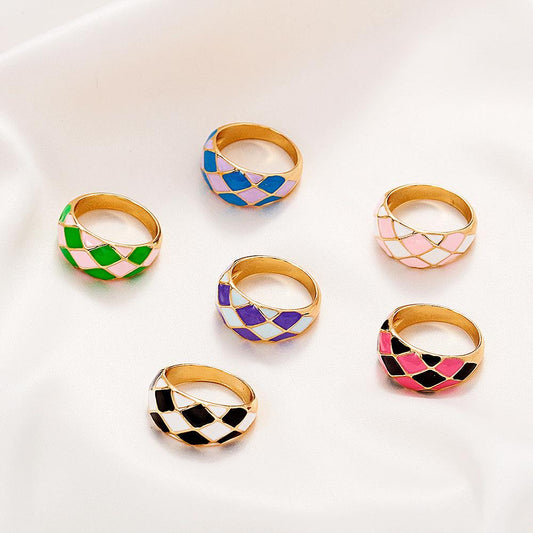 Fashion square ring ins drop oil color diamond ring net red checkerboard tail ring female