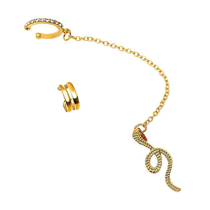 Ins cold and hole-free earrings set retro zircon snake-shaped chain ear clip net red full of diamond animal earrings female