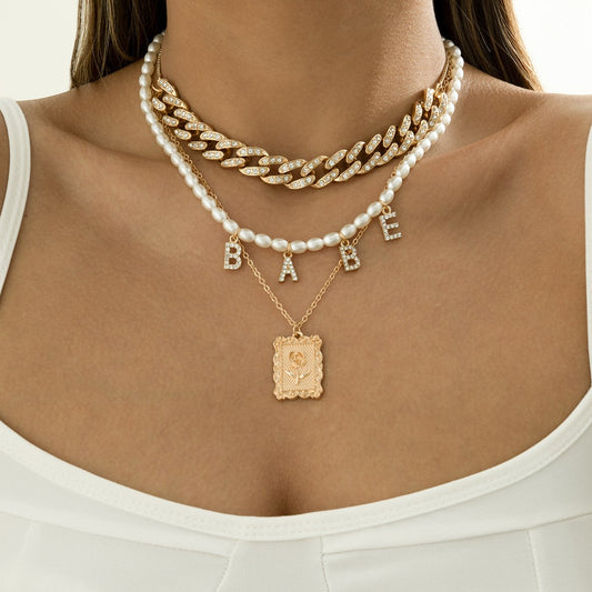 Jewelry Hip Hop Simple Full Diamond Cuban Chain Necklace Vintage Diamond Alphabet Pearl Tag Necklace