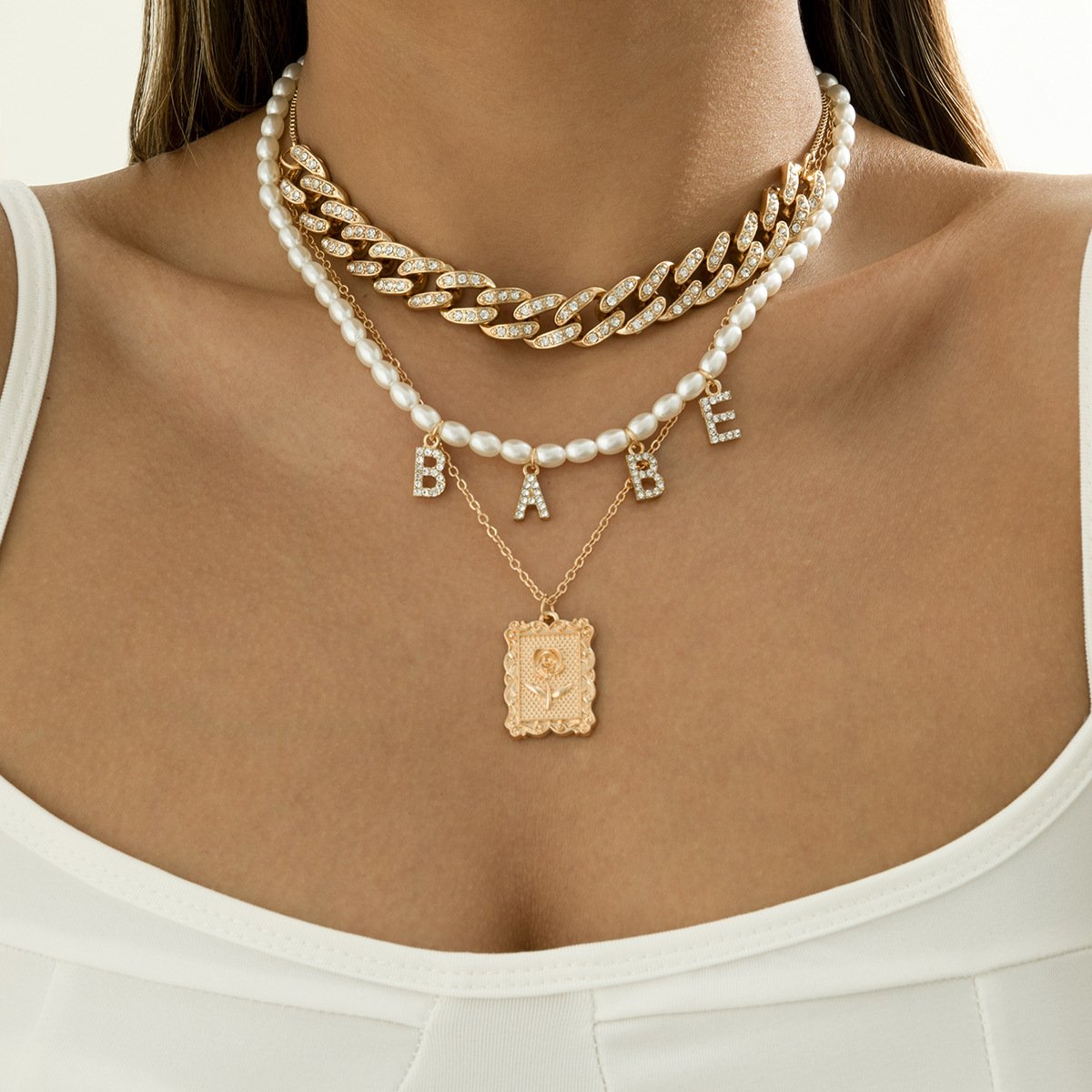 Jewelry Hip Hop Simple Full Diamond Cuban Chain Necklace Vintage Diamond Alphabet Pearl Tag Necklace