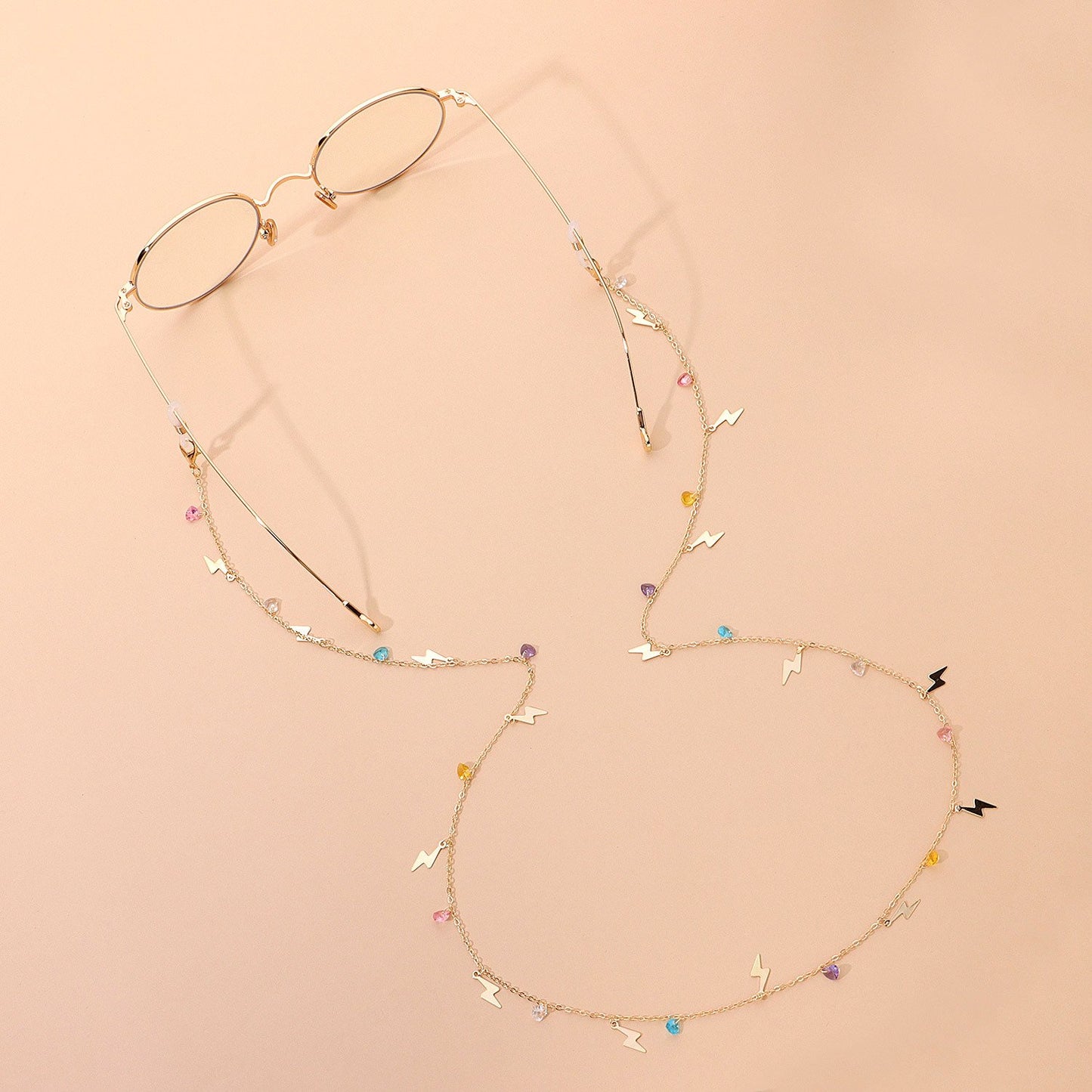 Jewelry Fashion Color Rhinestone Gemstone Glasses Chain Versatile Metal Lightning Pendant Glasses Accessories