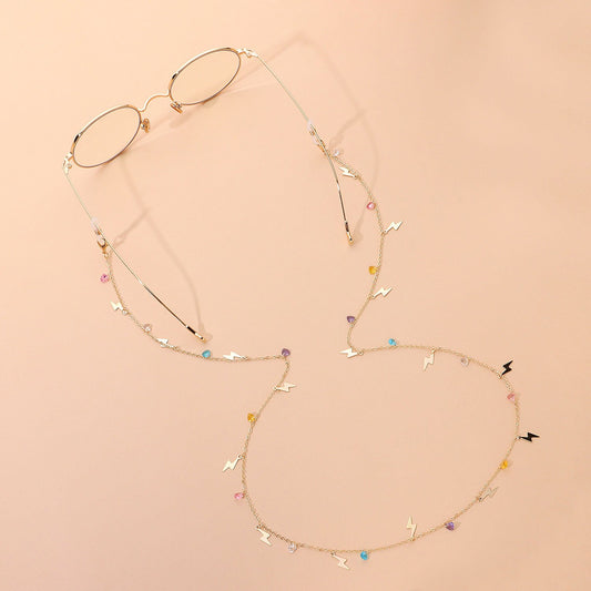 Jewelry Fashion Color Rhinestone Gemstone Glasses Chain Versatile Metal Lightning Pendant Glasses Accessories