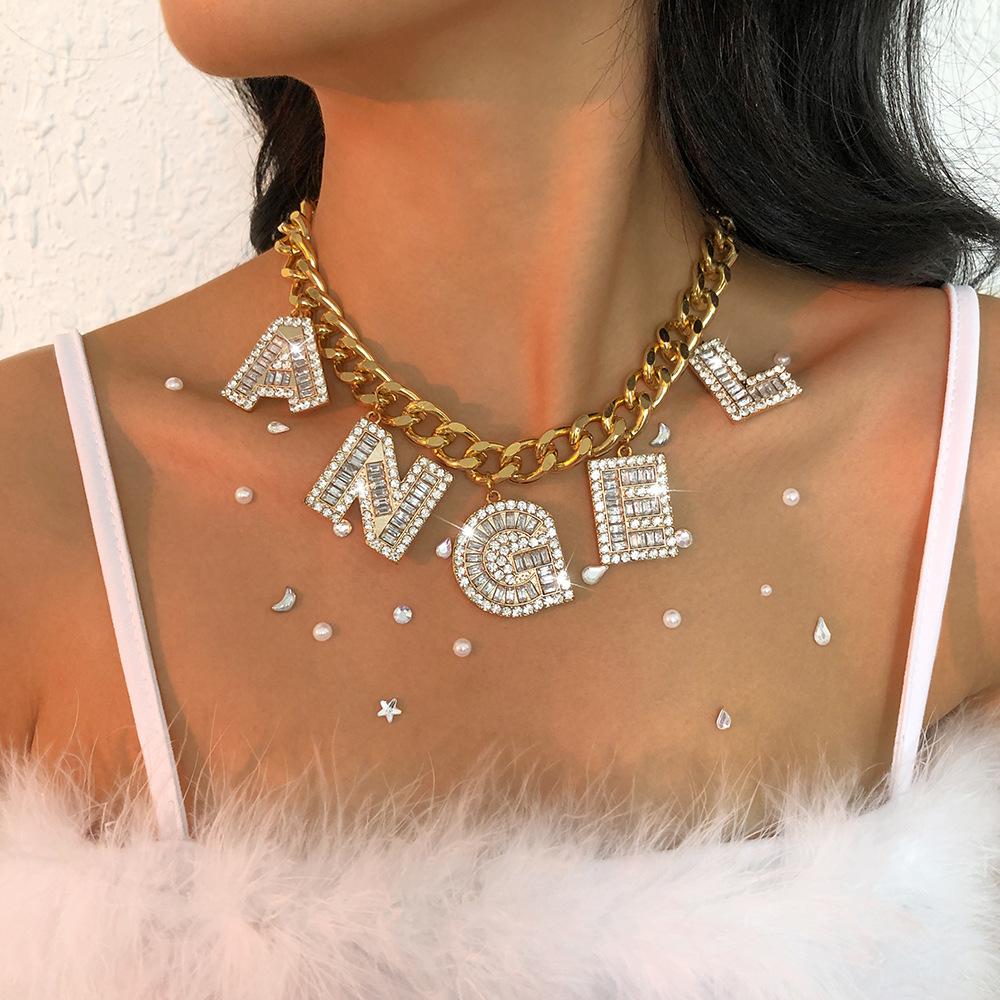 N9475 Geometric Exaggerated Necklace Net Red Punk Hip Hop Alphabet Necklace Full Diamond Light Luxury Chain Necklace