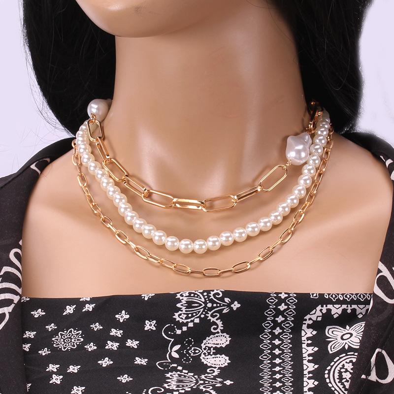 Fashionable retro multi-layer socket whip chain necklace trend multi-layer heterosexual pearl necklace three-piece set