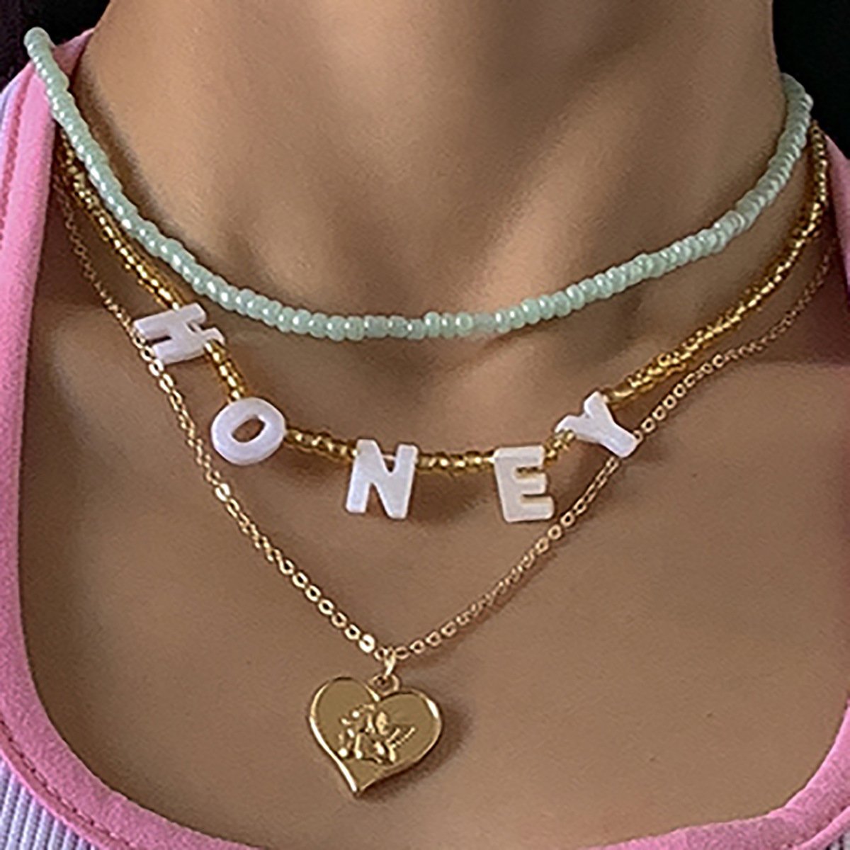 Retro Simple Rice Bead Letter Stacked Necklace Metal Heart Shaped Angel Portrait Clavicle Necklace Female