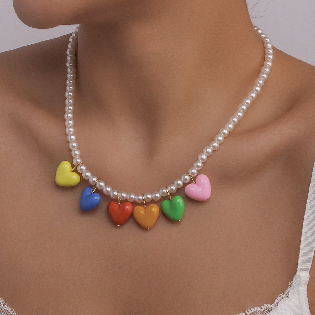 N136 Rainbow Pearl Necklace Spring and Summer Temperament Niche Necklace Net Red Resin Love Sweet Cool Necklace