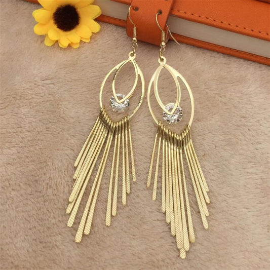 High Quality Ethnic Jewelry Oval Earrings Fine Textured Metal Tassel Imitation Zircon Earrings India