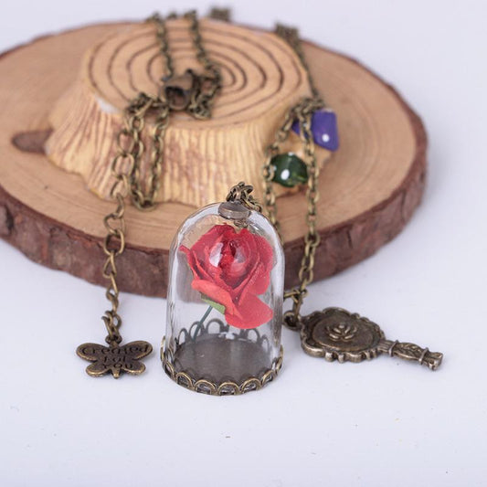 Fashion Rose Flower Glass Shade Pendant Summer Beach Preserved Flower Necklace Ornaments