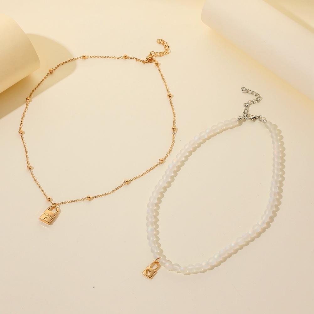 Jewelry Temperament Minor Frosted Crystal Beads Clavicle Necklace Creative Double Layered Love Lock Necklace