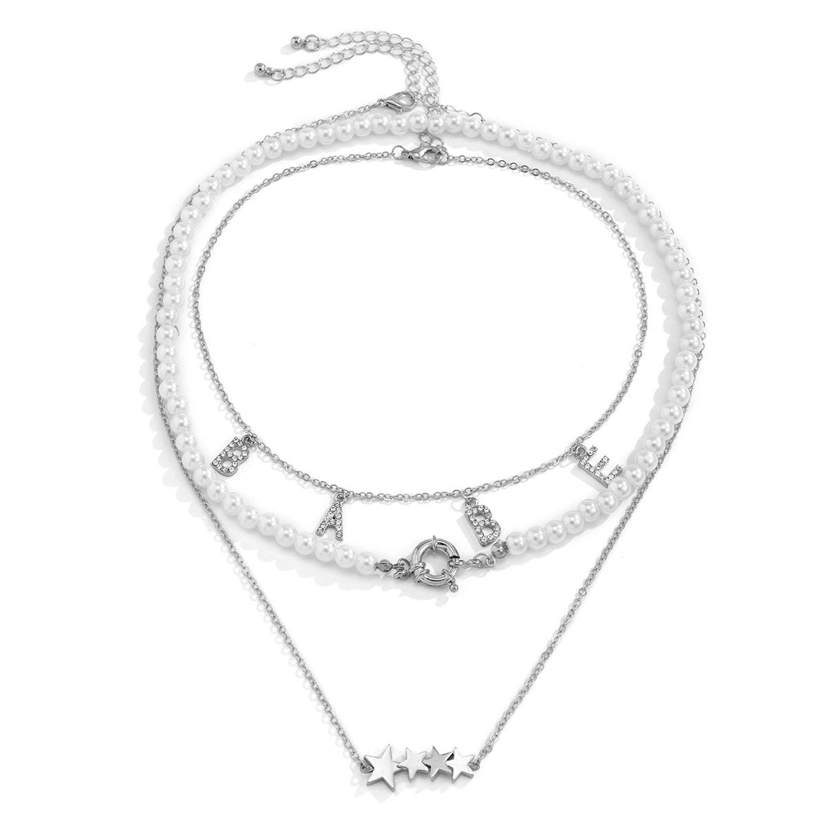 Jewelry Retro Mix and Match Imitation Pearl Chain Necklace Inlaid Rhinestone Letter Star Stacked Necklace Women