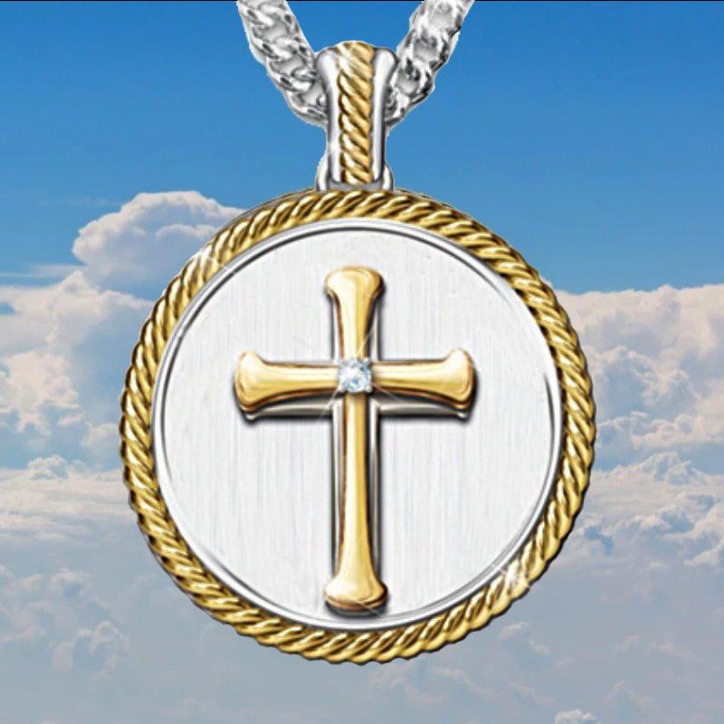Cross Pendant Necklace Religious Belief Round Tag Necklace Men's Fashion Personality Jewelry Gift