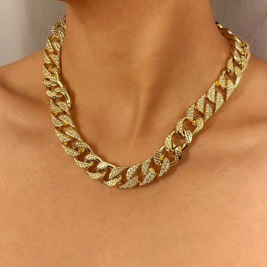 Jewelry hip-hop studded with diamonds Cuban buckle necklace women's trendy hemp surface printed chain collarbone necklace