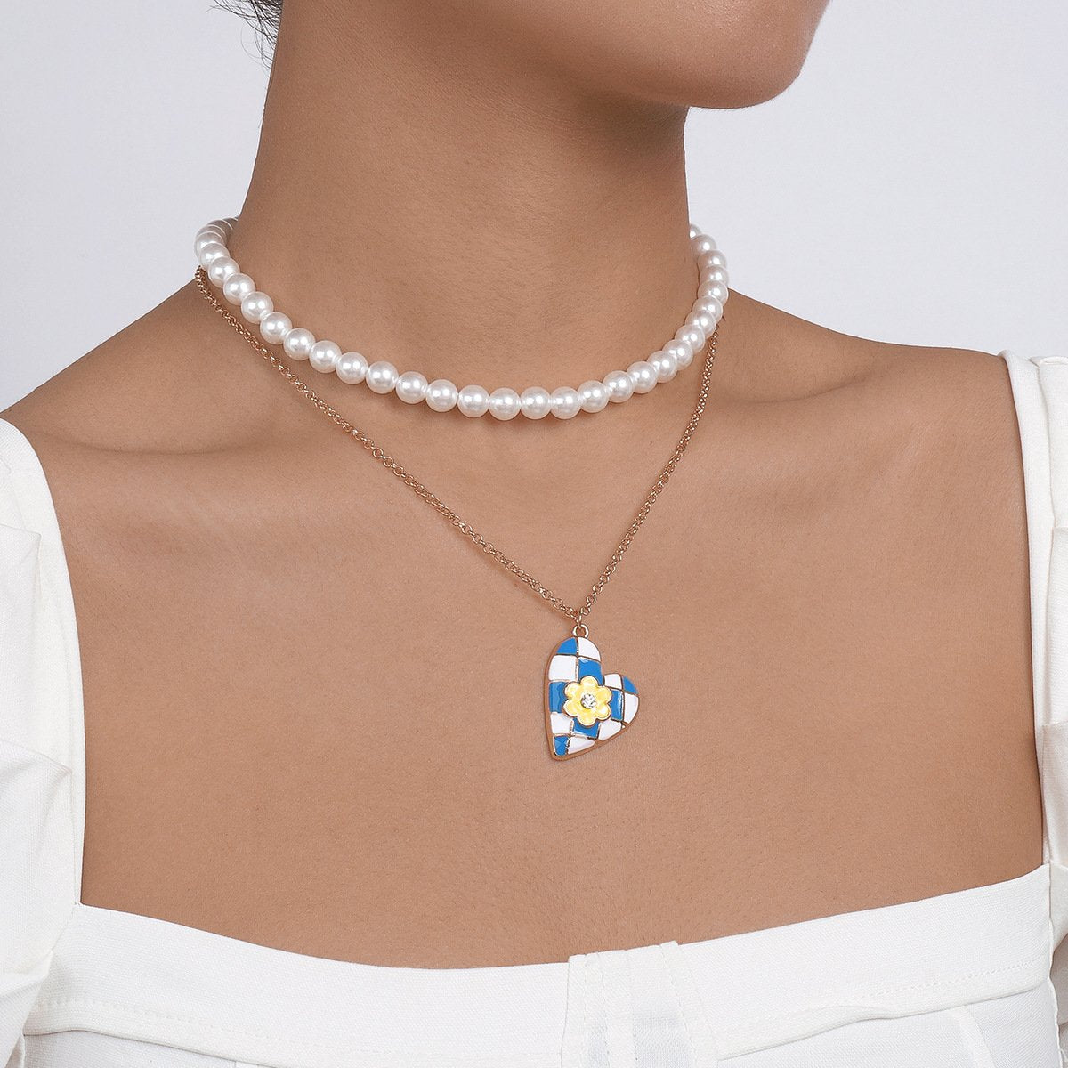 N1436 Personalized pearl stacked double-layer necklace dripping oil love flower slightly inlaid sweet girl necklace