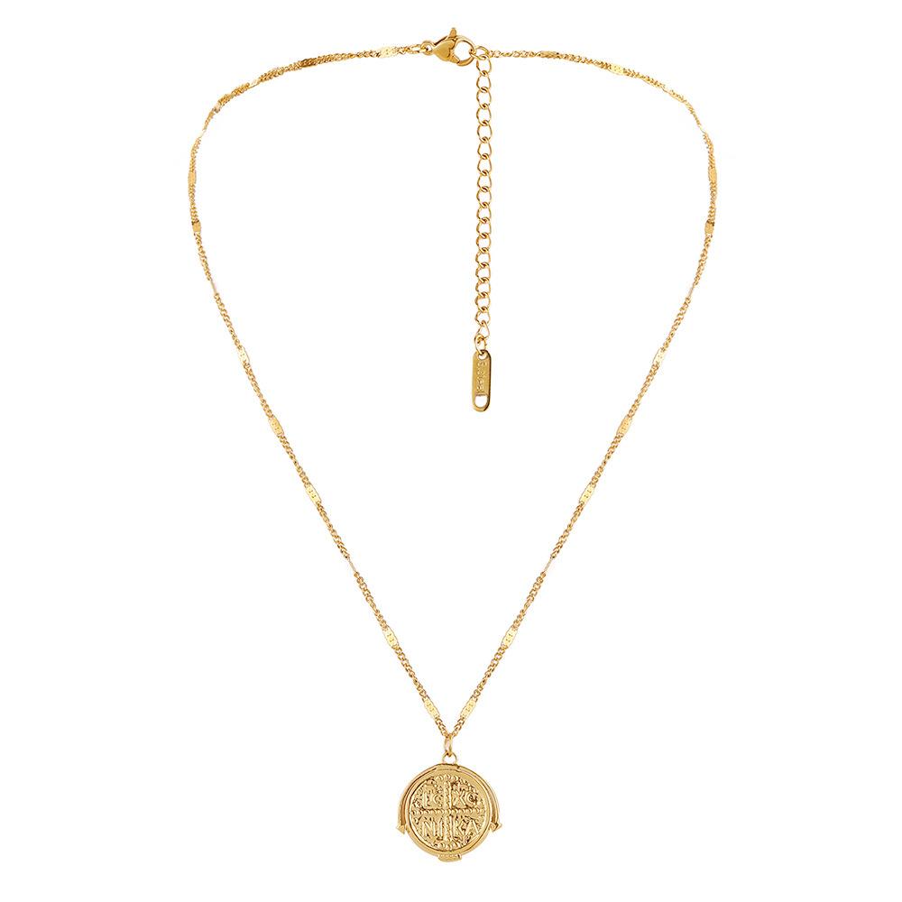 Crossover Fashion Simple Temperament Charming Stainless Steel Gold Retro Round Coin Short Necklace for Women