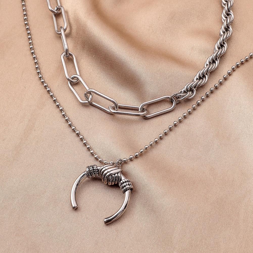 Fashion cold stainless steel double horn moon pendant simple personality titanium steel necklace collarbone chain men