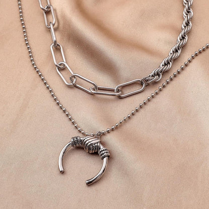 Fashion cold stainless steel double horn moon pendant simple personality titanium steel necklace collarbone chain men