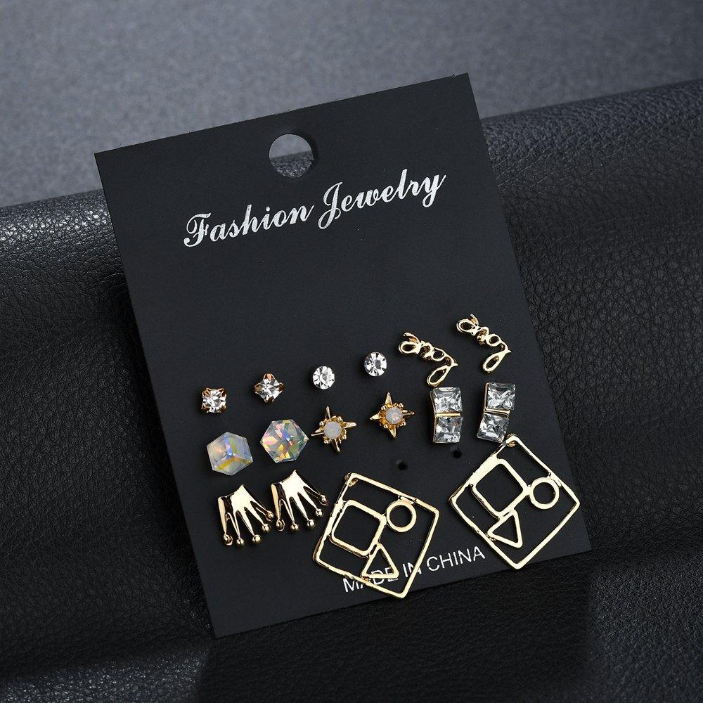 Crown Earrings Letter Love Pearl Diamond Geometric Fashion 8 Pair Stud Earrings Set