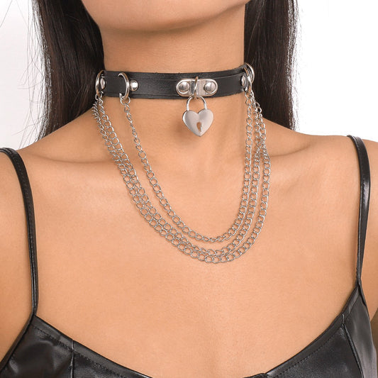 N1697 Punk Hip Hop Necklace Gothic Exaggerated Leather Necklace Love Lock Chain Personality Necklace