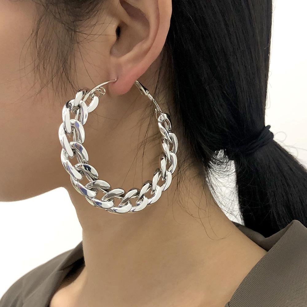 E8942 Exaggerated Creative Earrings Female Personality Punk Big Circle Earrings Thick Chain Earrings