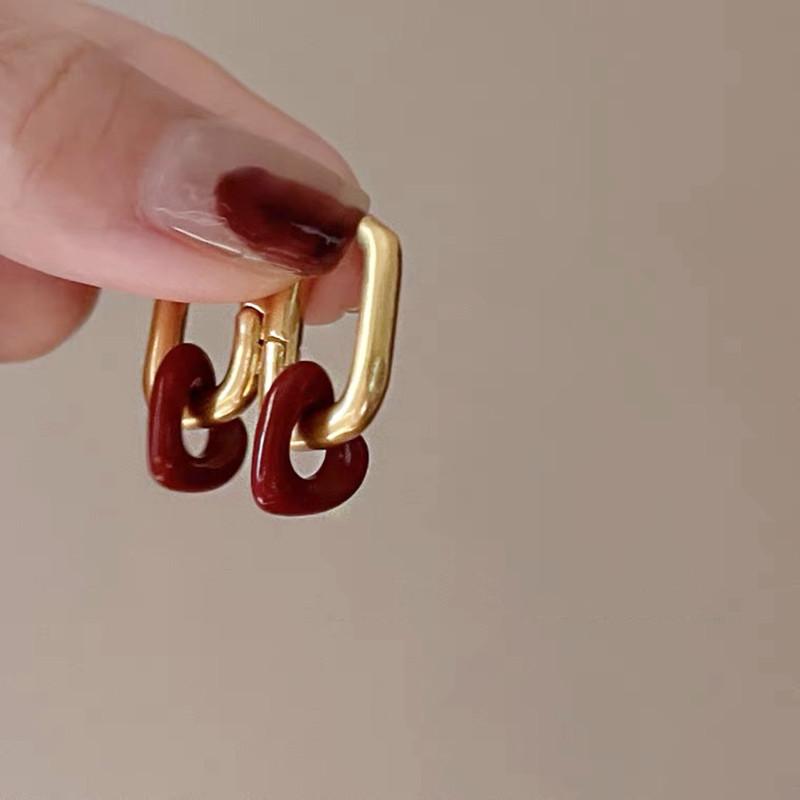 French fashion simple and versatile geometric square earrings red love two wear detachable earrings ins cold