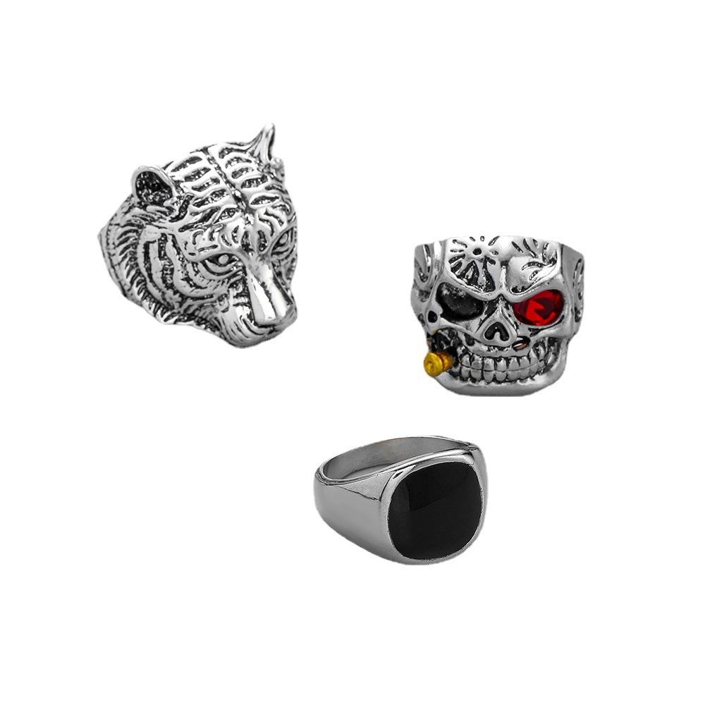 Fashion domineering high-luxury mass design men's alloy exaggerated dripping oil tiger skull ring set